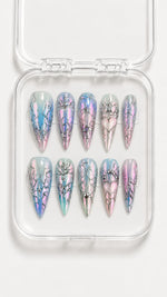 Pink Aura Silver Heart Stiletto Press-On Nails with pink-blue aura, molten silver details and 3D heart accents