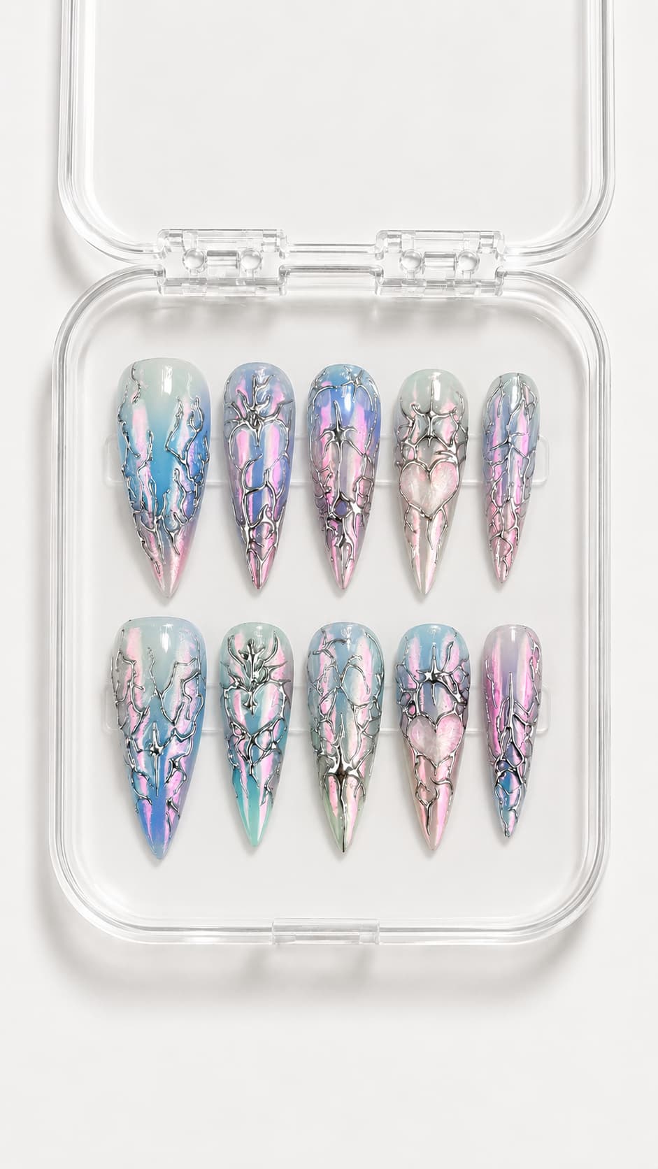 Pink Aura Silver Heart Stiletto Press-On Nails with pink-blue aura, molten silver details and 3D heart accents