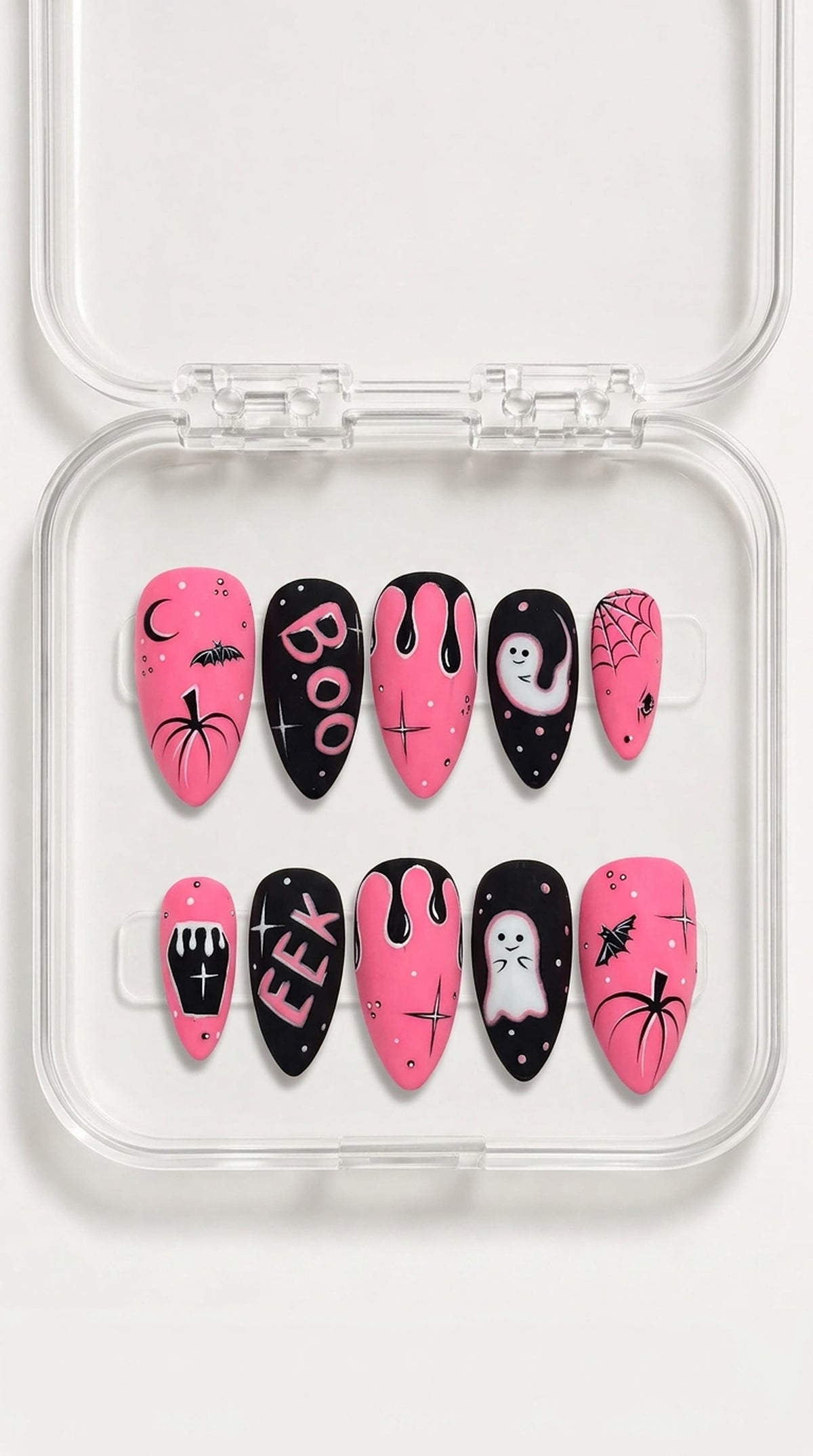Pink Black Halloween Almond Press-On Nails