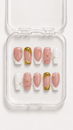 Pink Floral Gold Coffin Press-On Nails with 3D white French tips, pink flowers, gold swirls, pearls and gold beads