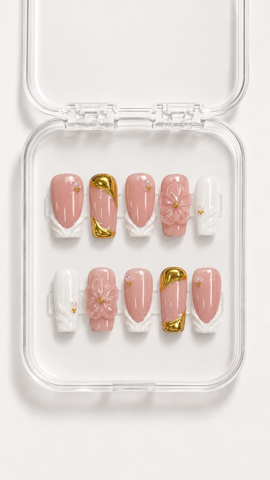 Pink Floral Gold Coffin Press-On Nails with 3D white French tips, pink flowers, gold swirls, pearls and gold beads