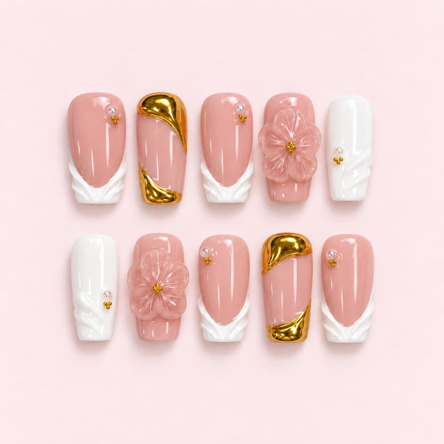Pink Floral Gold Coffin Press-On Nails with 3D white French tips, pink flowers, gold swirls, pearls and gold beads