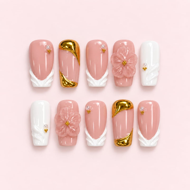 Pink Floral Gold Coffin Press-On Nails | Hand-Painted