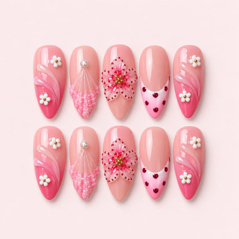 Pink Floral Gradient Almond Press-On Nails | Muoi