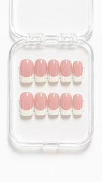 Pink French Tip Short Square Press-On Nails with soft pink mauve base, classic white French tips and glossy finish