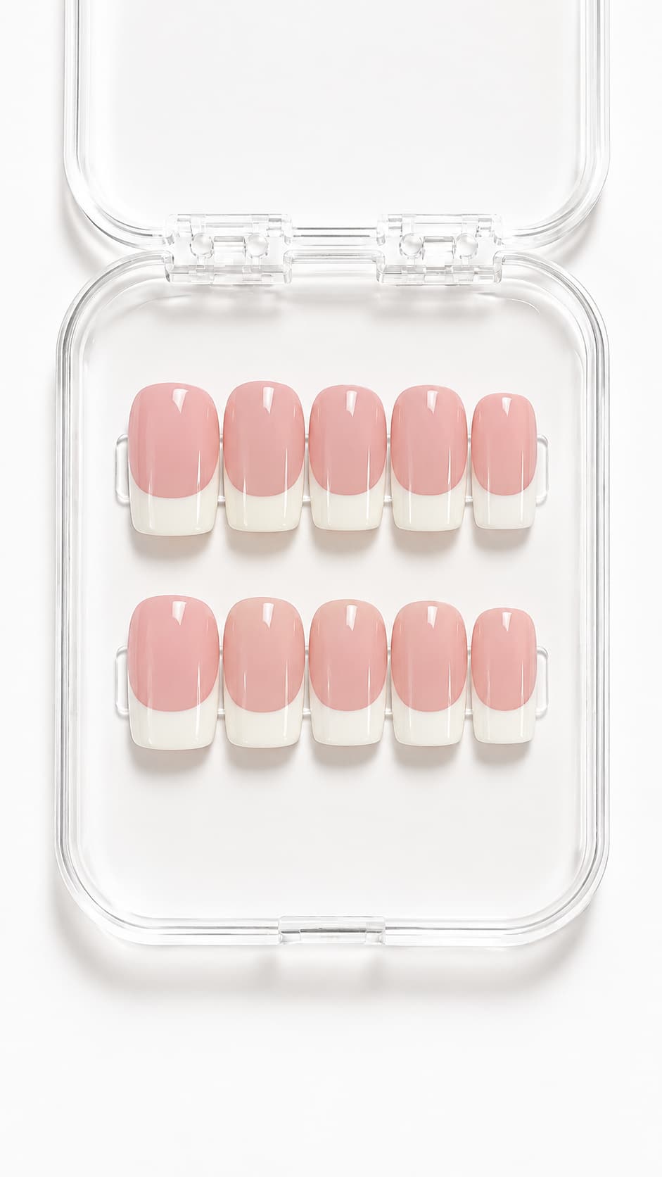 Pink French Tip Short Square Press-On Nails with soft pink mauve base, classic white French tips and glossy finish