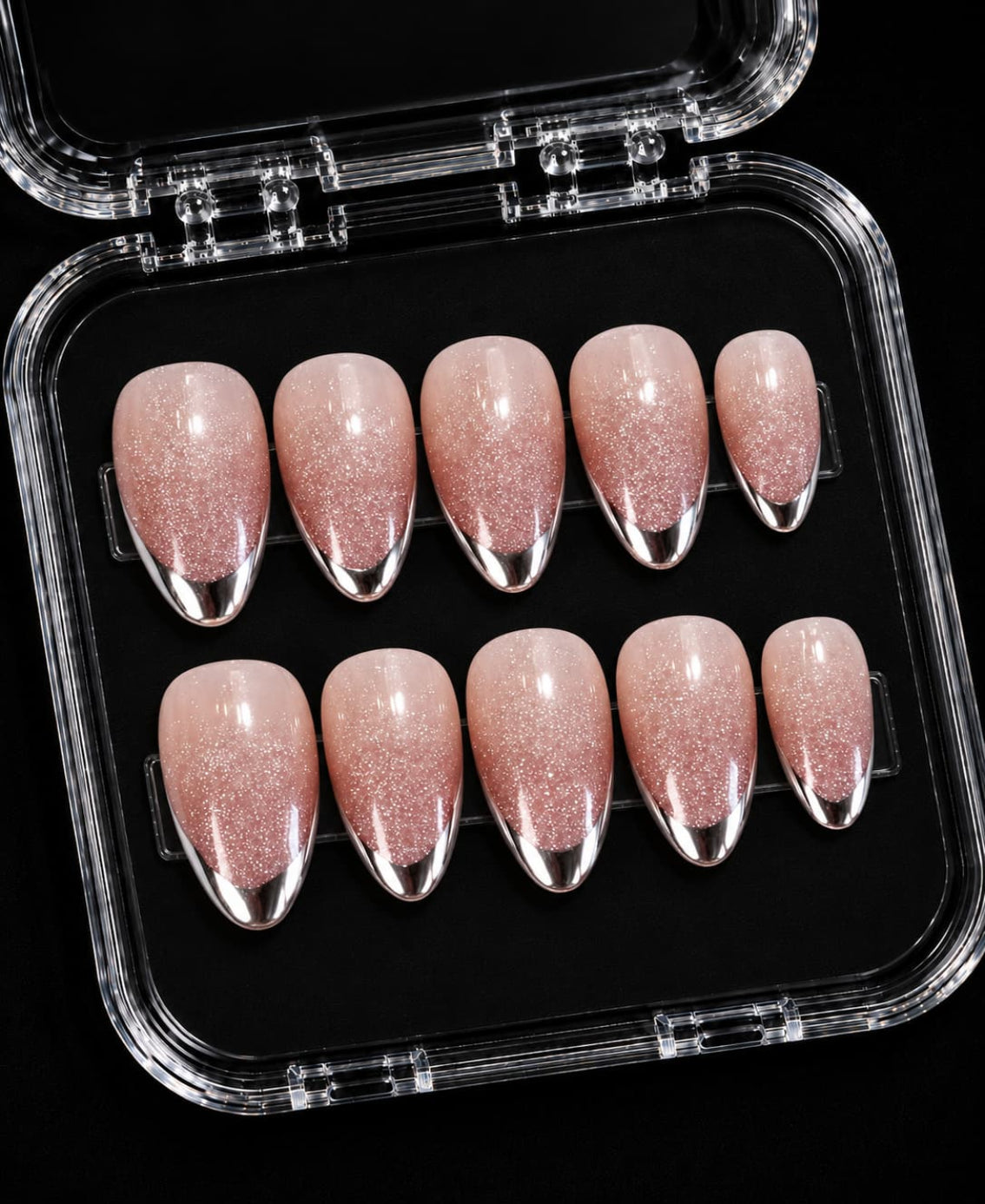 Silver chrome-look French tip press-on nails on nude glitter almond set