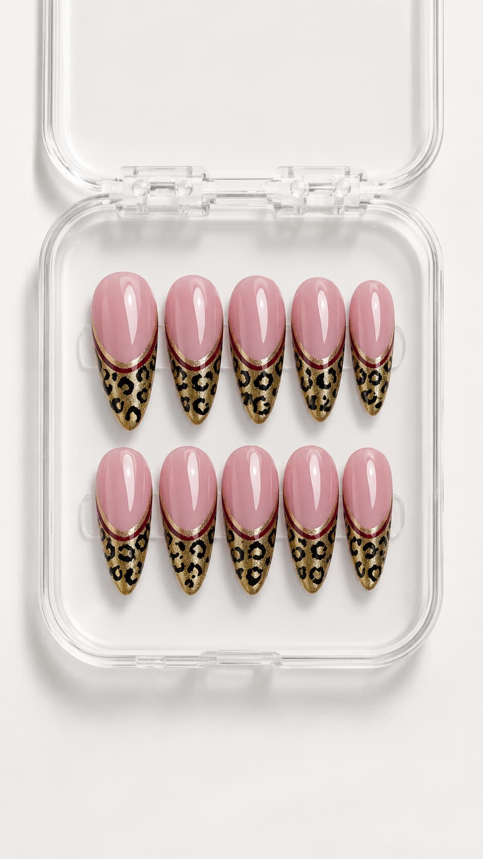 Pink Leopard French Tip Almond Press-On Nails with leopard-print tips, gold glitter, burgundy lines and a glossy pink base