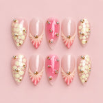 Pink Snakeskin Seashell Almond Press-On Nails with pink gradient, snakeskin accents, 3D seashells, pearls and gold beads