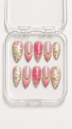 Pink Snakeskin Seashell Almond Press-On Nails with pink gradient, snakeskin accents, 3D seashells, pearls and gold beads