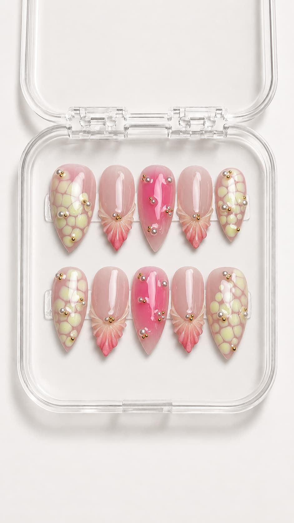 Pink Snakeskin Seashell Almond Press-On Nails with pink gradient, snakeskin accents, 3D seashells, pearls and gold beads