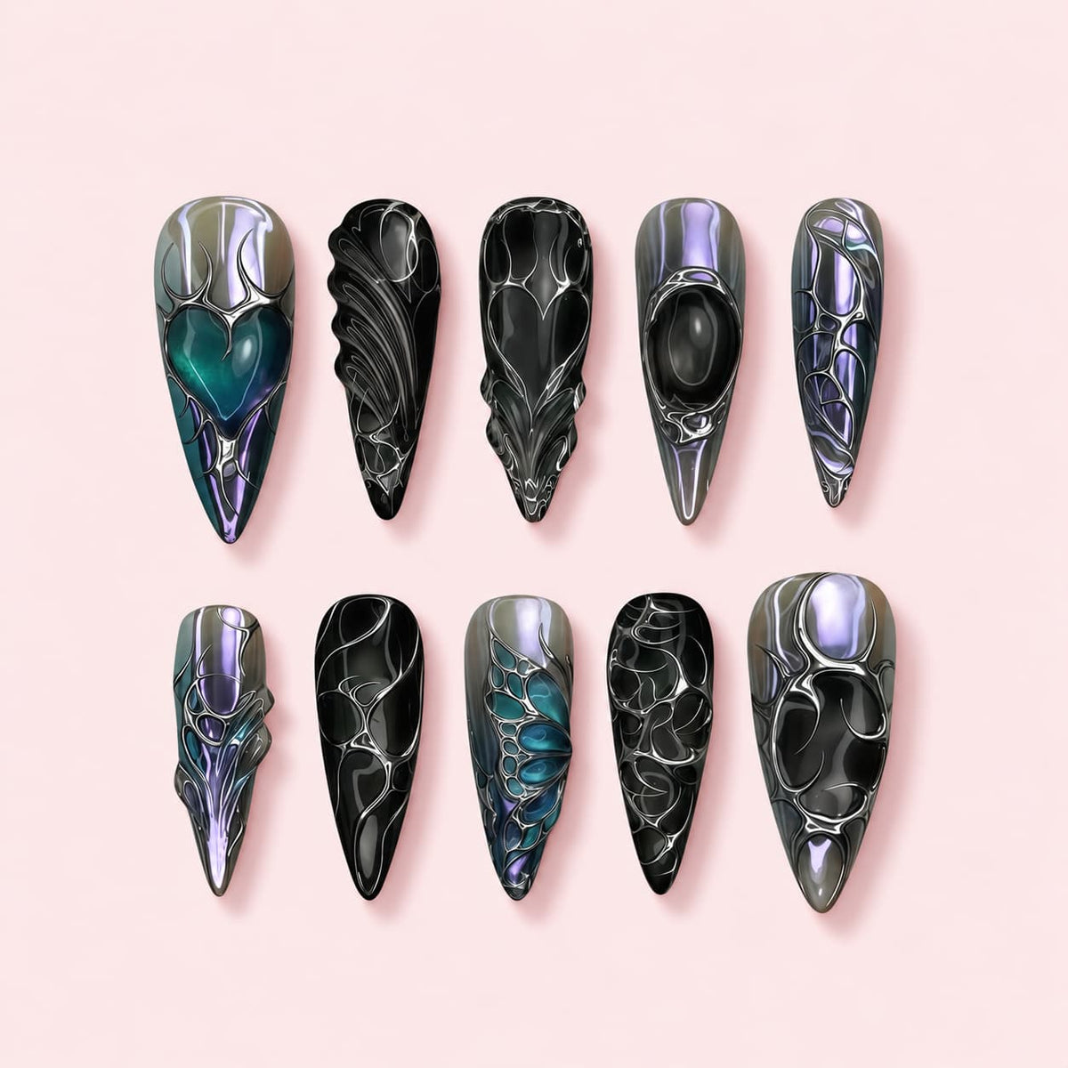 Rose Relic Stiletto press-on nails in dusty rose with raised silver cell work, a sculpted bow and spiral nail