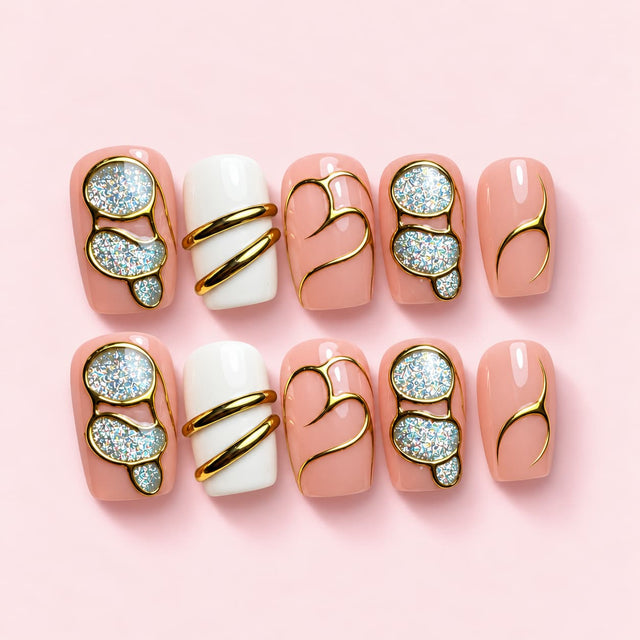 Rose Signet short square press-on nails in peach nude and cream with gold-framed holographic panels and gold bands