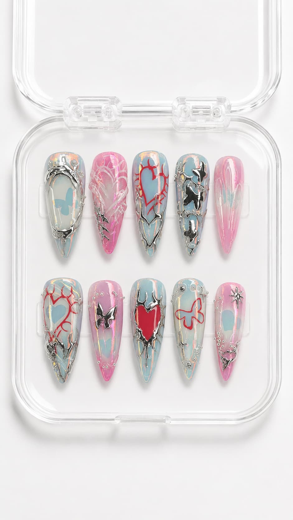 Silver Heart Butterfly Aura Stiletto Press-On Nails with pink-blue aura, silver hearts, butterflies and gemstone accents