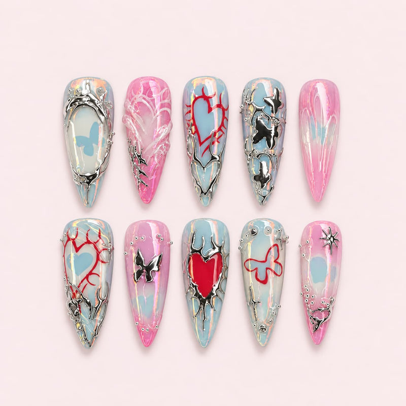 Silver Heart Butterfly Aura Stiletto Press-Ons