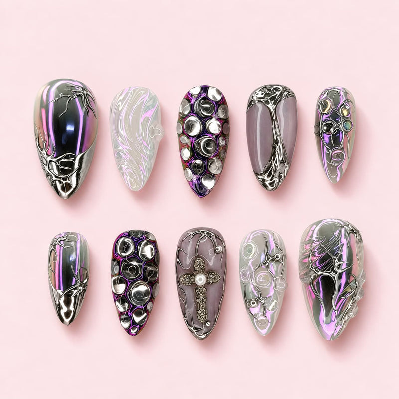 Silver Rite Almond Press-On Nails | MUOI