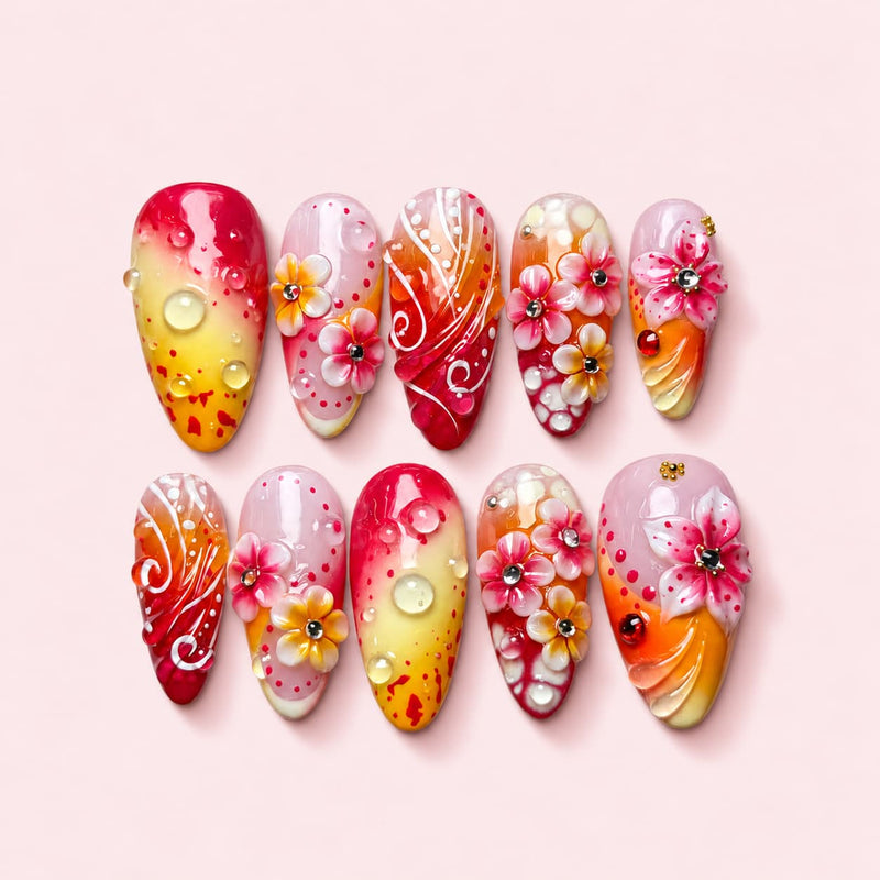 Sunset Plumeria Almond Press-On Nails | MUOI