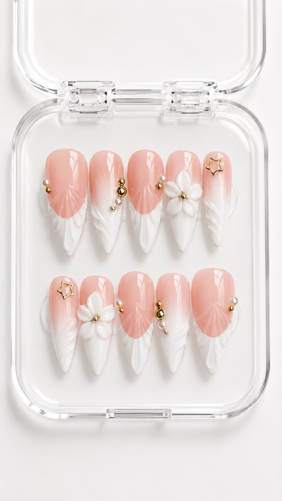 White Floral French Tip Stiletto Press-On Nails with 3D white French tips, sculpted flowers, pearls, gold star charm and beads