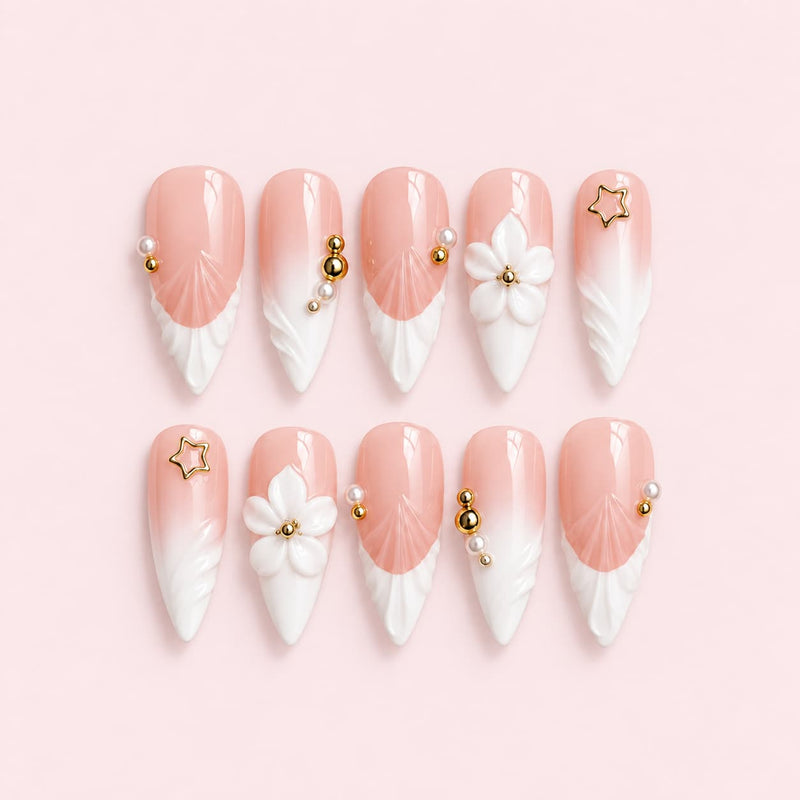 White Floral French Tip Stiletto Press-On Nails