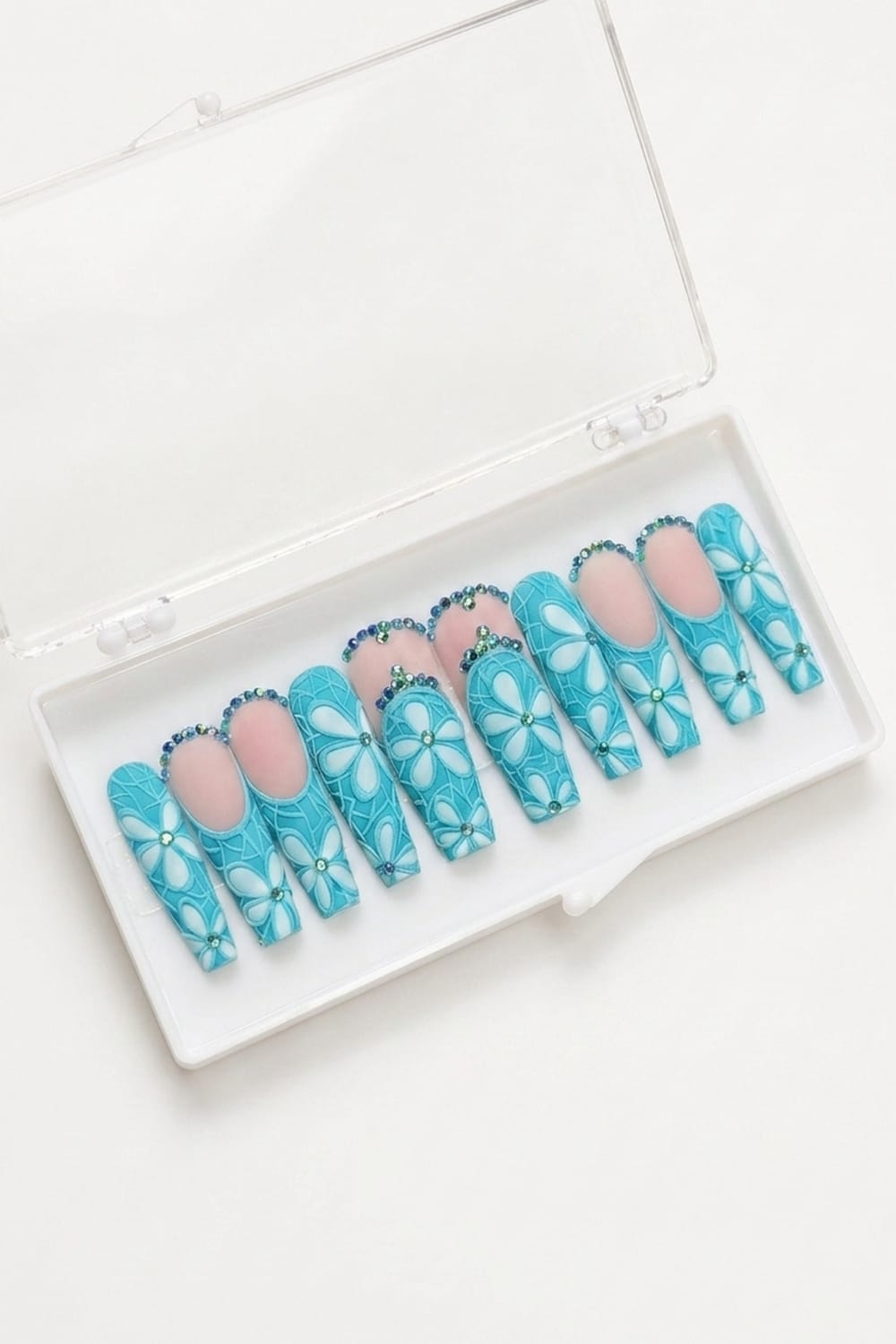 Aqua Floral Coffin Nails – Fresh Press On Set