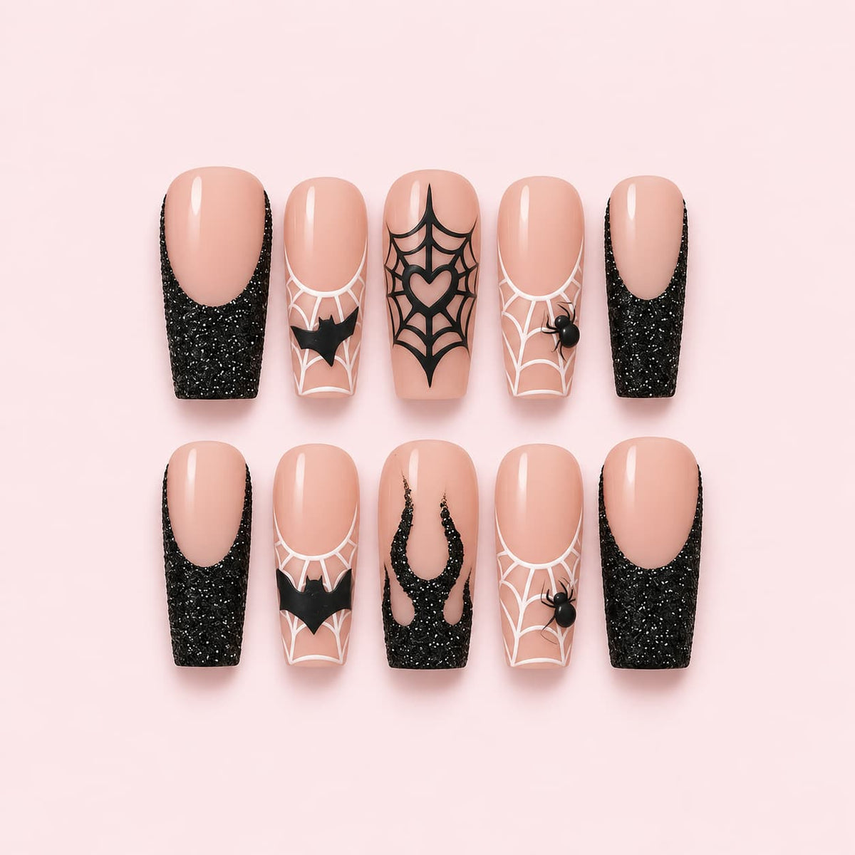Black glitter Halloween coffin press-on nails with nude French tips, spider webs, bats, hearts and spider accents