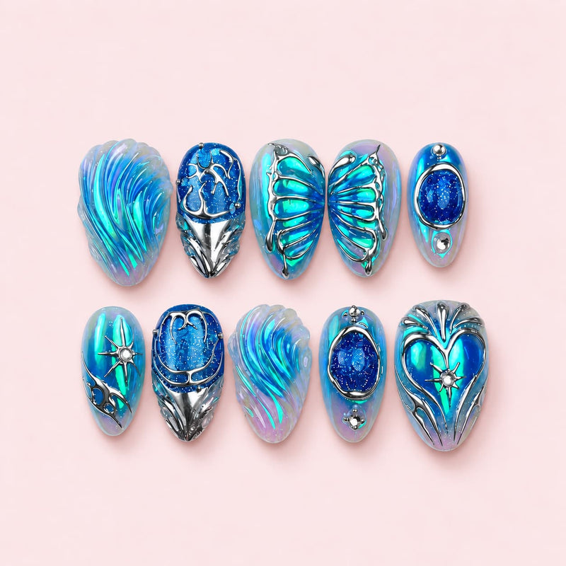 Blue Butterfly Silver Short Almond Press-On Nails