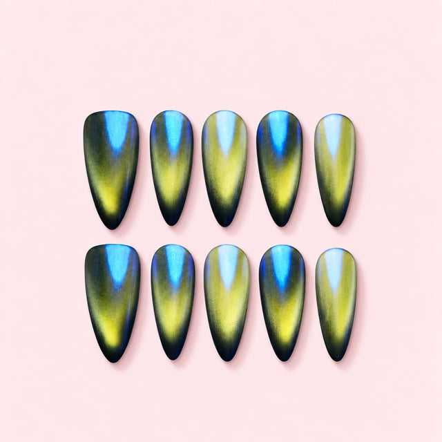 Blue Gold Cat Eye Almond Press-On Nails with electric blue and golden-green color shift, smoky black edges and a glossy magnetic-style glow.