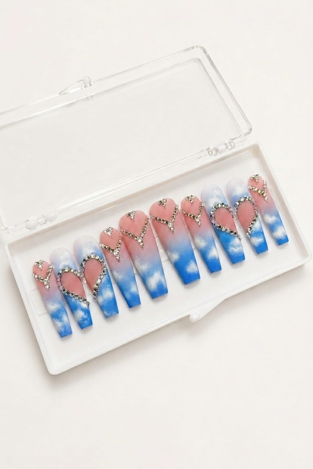 Blue Ombre Heart Coffin Nails – Glossy Press On Set