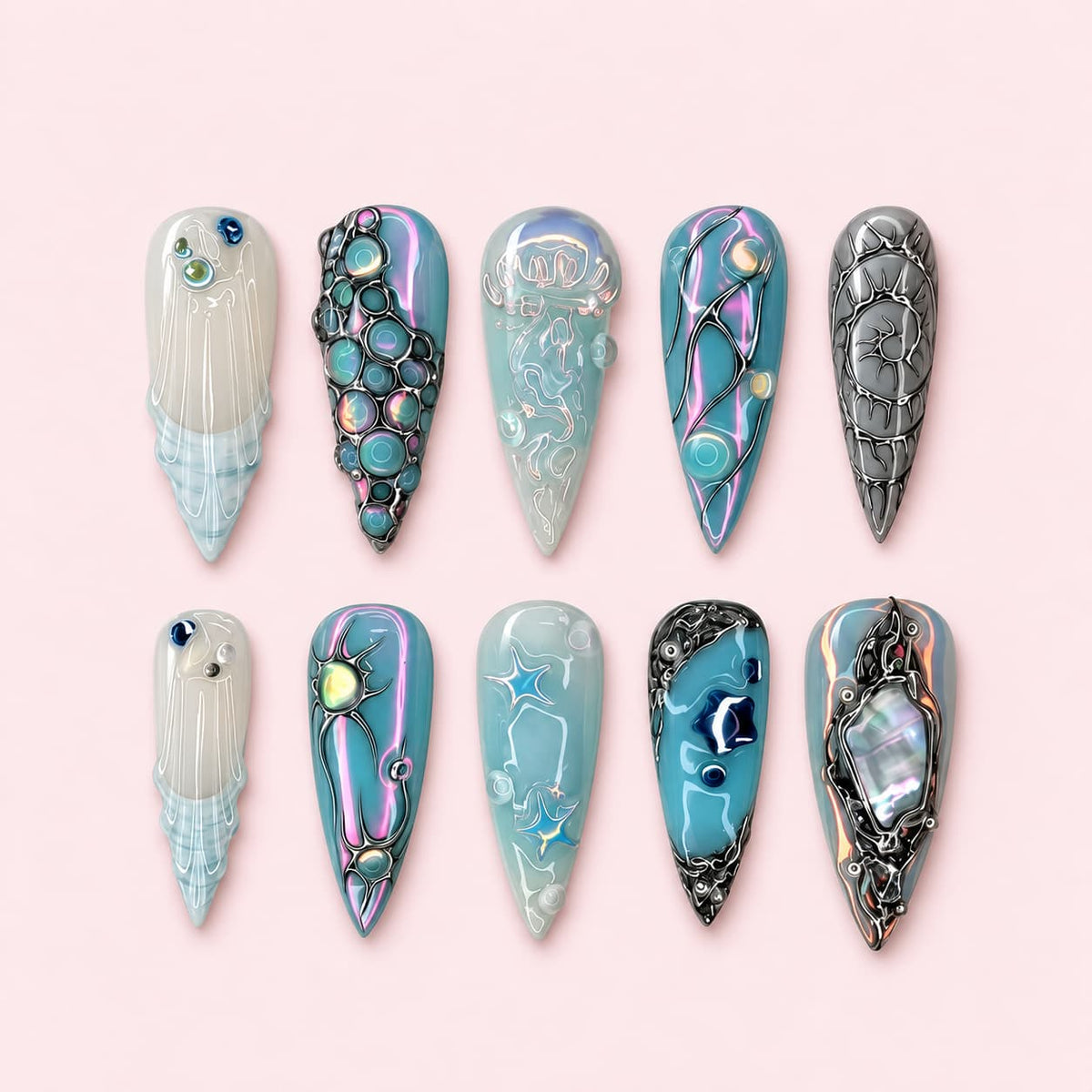 Blue Silver Opal 3D Ocean stiletto press-on nails with teal blue base, silver chrome, opal accents and sculpted jellyfish