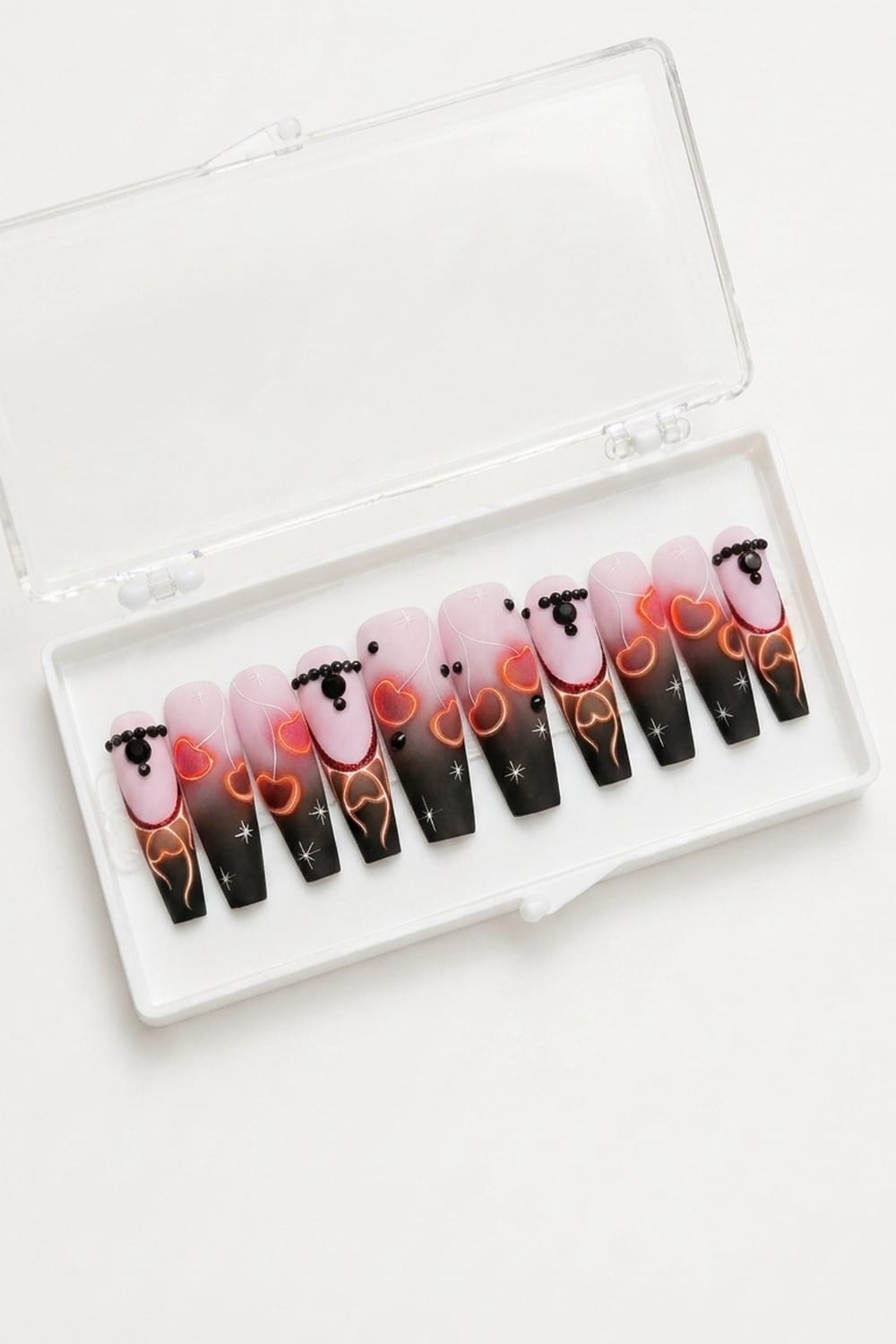 Red Pink Heart Coffin Press On Nails