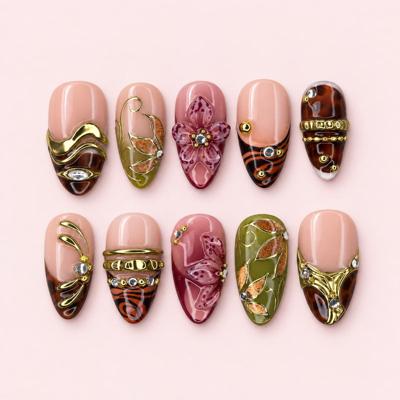 Fall Floral Gold Short Almond Press-On Nails | $35
