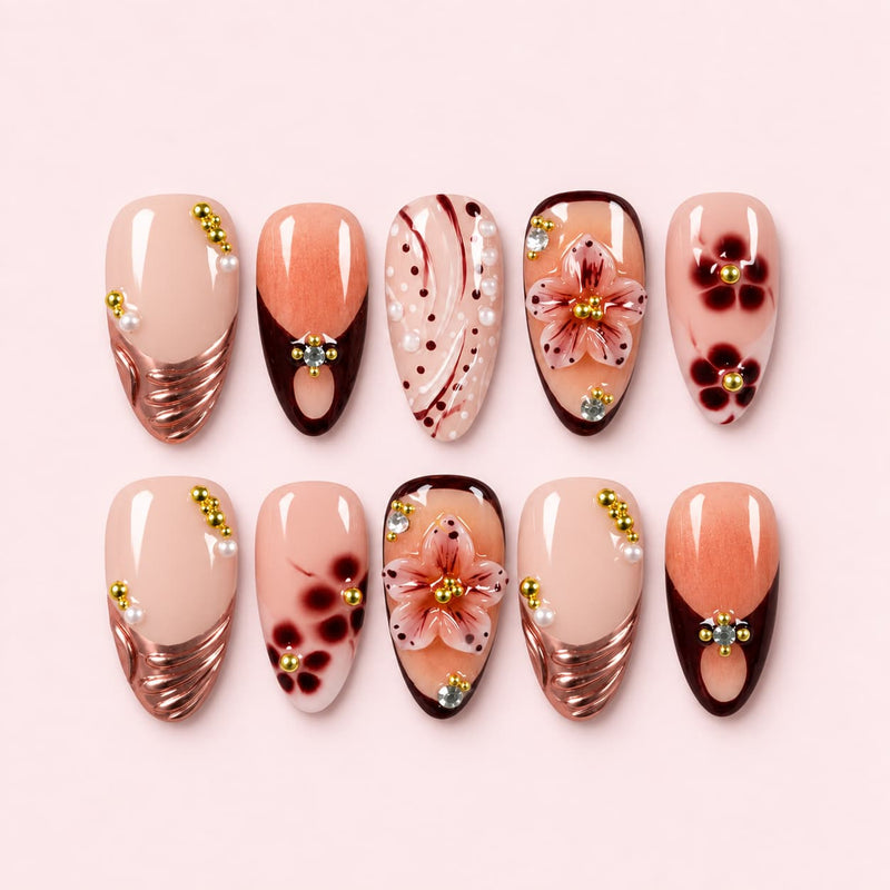 Nude Brown Floral Almond Press-On Nails | Muoi