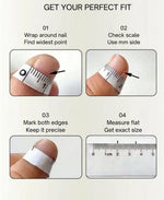 Instructional graphic titled 'GET YOUR PERFECT FIT' showing four steps for measuring a nail size: wrapping the white tape around the nail, checking the scale, marking both edges, and measuring flat against a centimeter ruler.