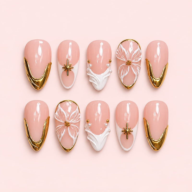 Gold French Tip Floral Almond Press-On Nails