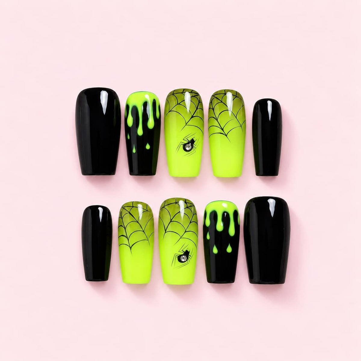 Green Black Halloween Coffin Press-On Nails with neon green slime, black spider webs and a rhinestone spider accent.