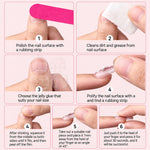 Step-by-step guide to preparing natural nails and applying press-on nails with adhesive tabs.