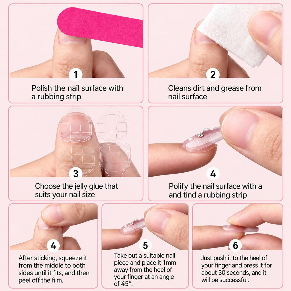 Step-by-step guide to preparing natural nails and applying press-on nails with adhesive tabs.