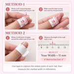 Two methods for measuring nail width in millimeters using a soft measuring tape or paper and a ruler.