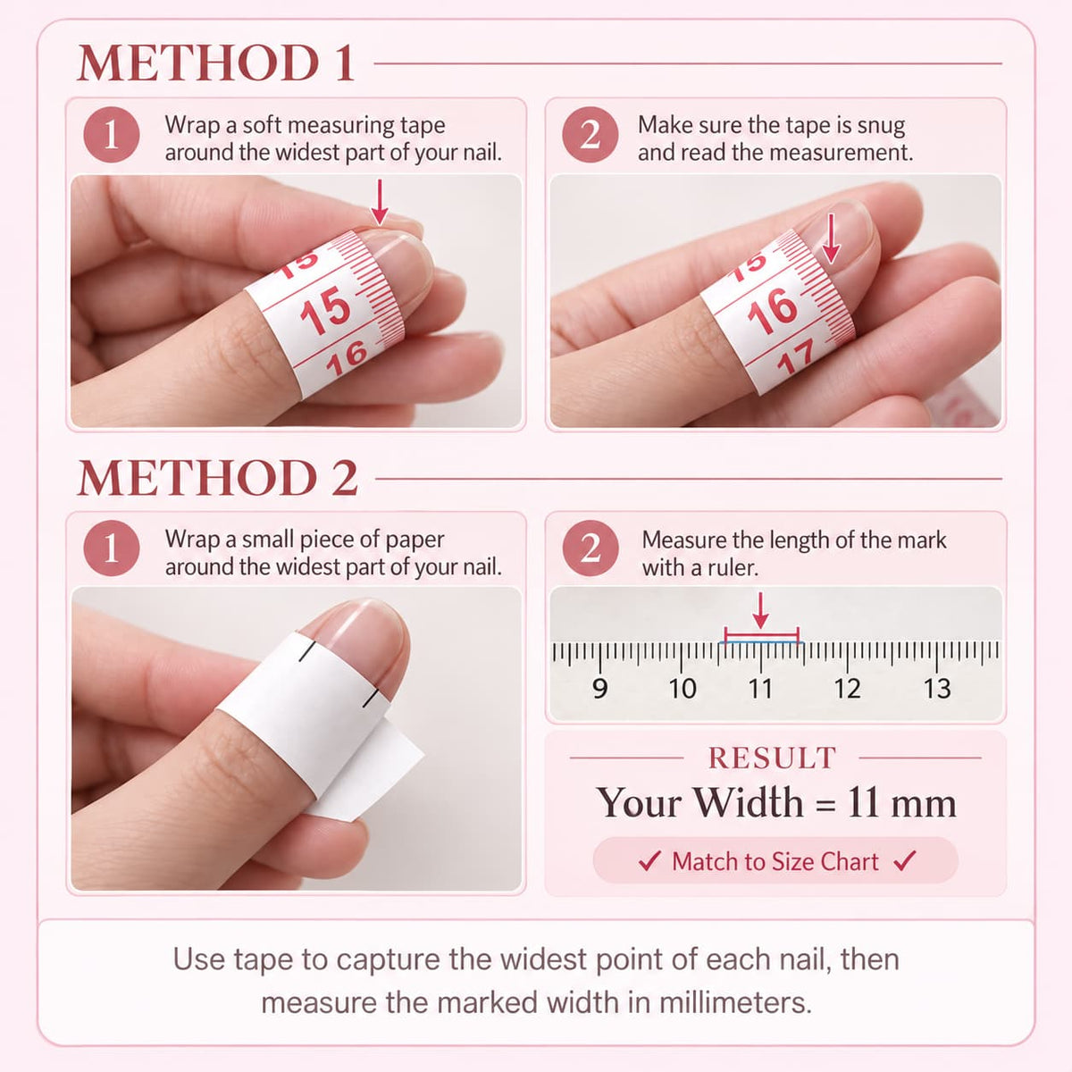 Two methods for measuring nail width in millimeters using a soft measuring tape or paper and a ruler.
