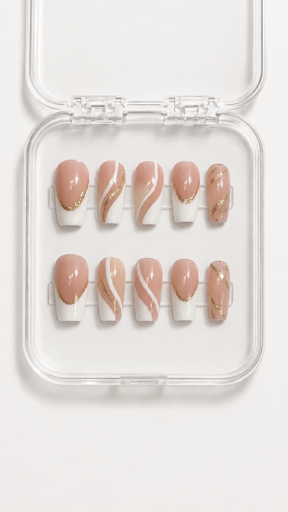 MUOI pink French tip press-on nails worn on almond-shaped nails in a soft everyday setting