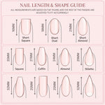 MUOI nail length and shape guide comparing short square, short oval, short almond, square, coffin, almond, and stiletto nails.