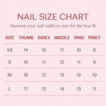 MUOI press-on nail size chart showing nail widths in millimeters for XS, S, M, and L sizes.