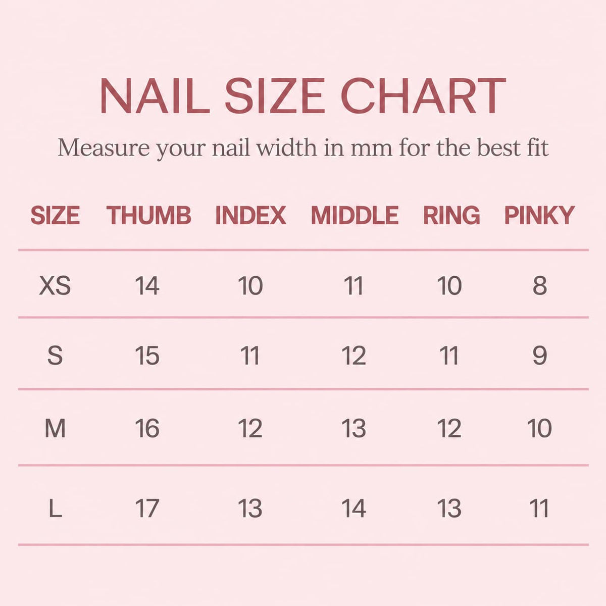 MUOI press-on nail size chart showing nail widths in millimeters for XS, S, M, and L sizes.