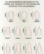 A nail shape measurement chart showing ten different press-on nail styles with labeled dimensions in millimeters. The chart includes Short Square, Short Oval, Short Almond, Square, Coffin, Almond, Stiletto, 32MM Tall Almond, 25MM Tall Almond, and 25MM Tall Rectangle, with text explaining that measurements are based on the thumb and the rest of the fingers are adjusted accordingly.