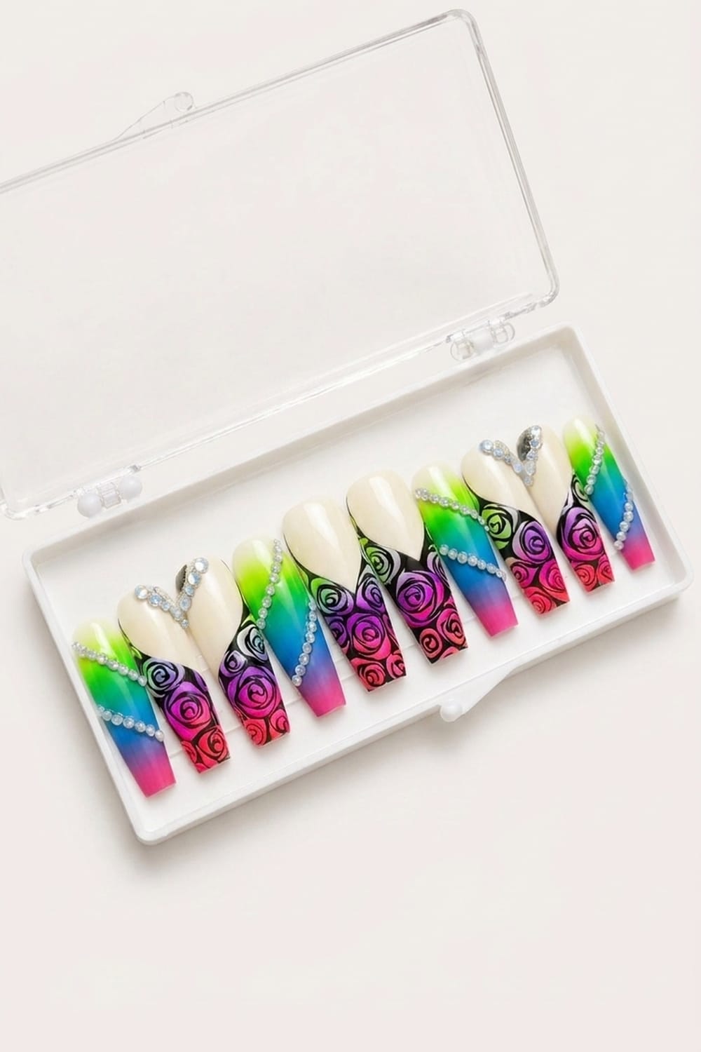 Neon Rainbow Coffin Nails – Abstract Press On Set