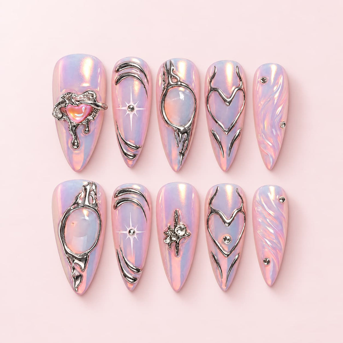 Opal Aura Silver Heart Stiletto Press-On Nails with 3D chrome heart and silver details