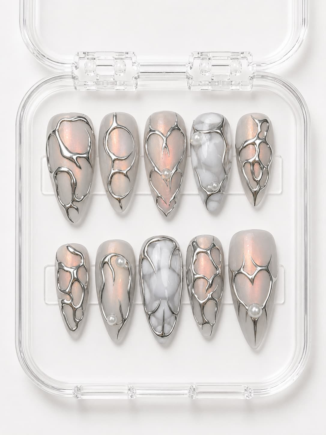 Opal Silver Almond Press-On Nails with pearl white shimmer, 3D silver hearts and swirls, gray marble accents and pearls