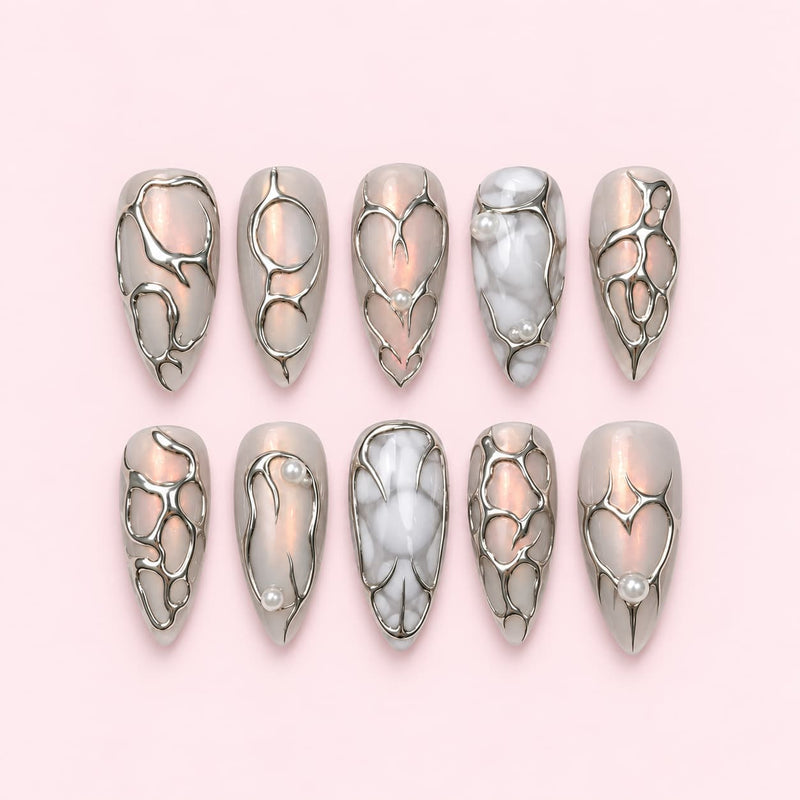Opal Silver Almond Press-On Nails | Hand-Painted