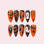 Orange Black Halloween Stiletto Press-On Nails with hand-painted ghosts, bats, pumpkins, spider webs, BOO lettering, and coffin details.