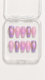 Pink Aura Seashell Coffin Press-On Nails with iridescent pink and purple aura and 3D seashell detail